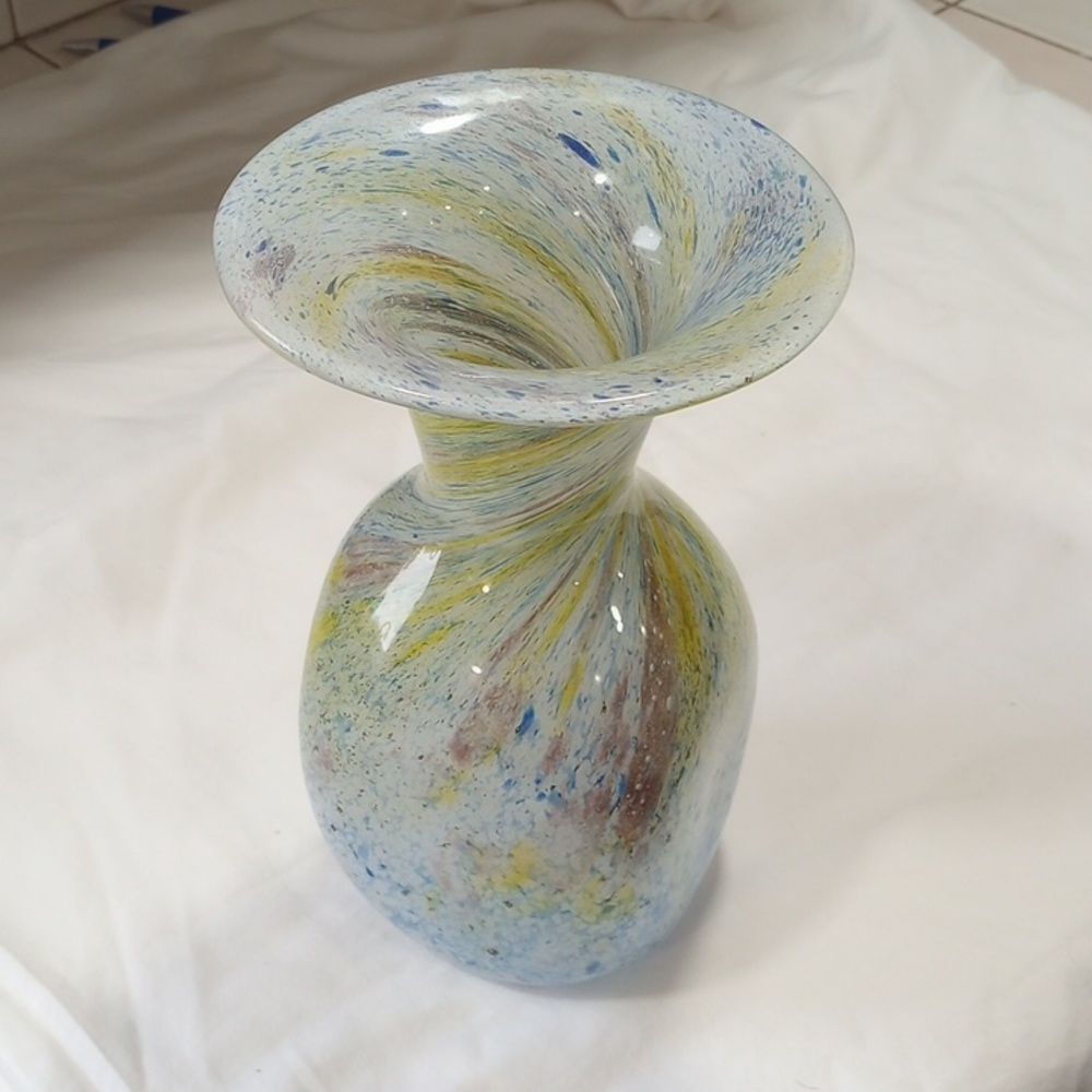 Vintage F + C Heavy Crystal Green and Blue Swirl Vase
